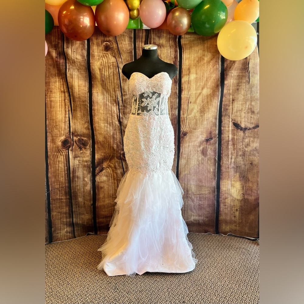 Light pink strapless beaded mesh formal prom dress